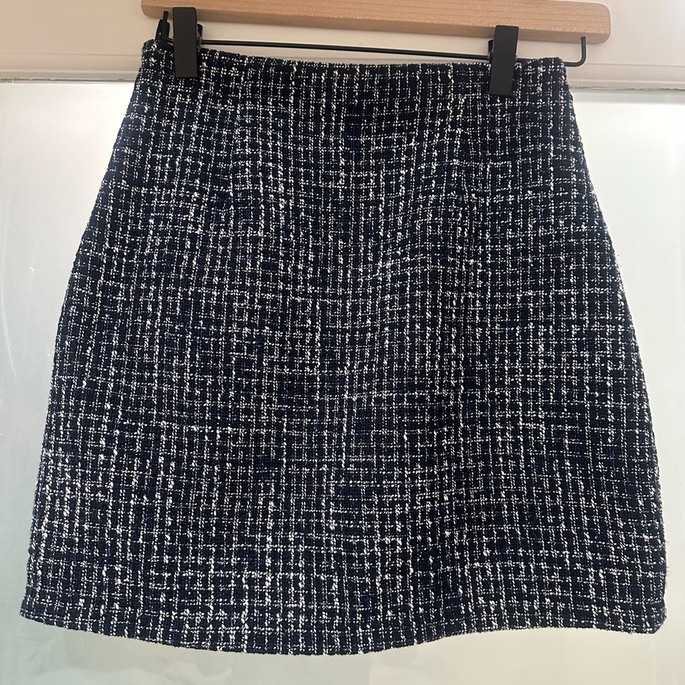 Babaton Navy and White Tweed Mini Skirt